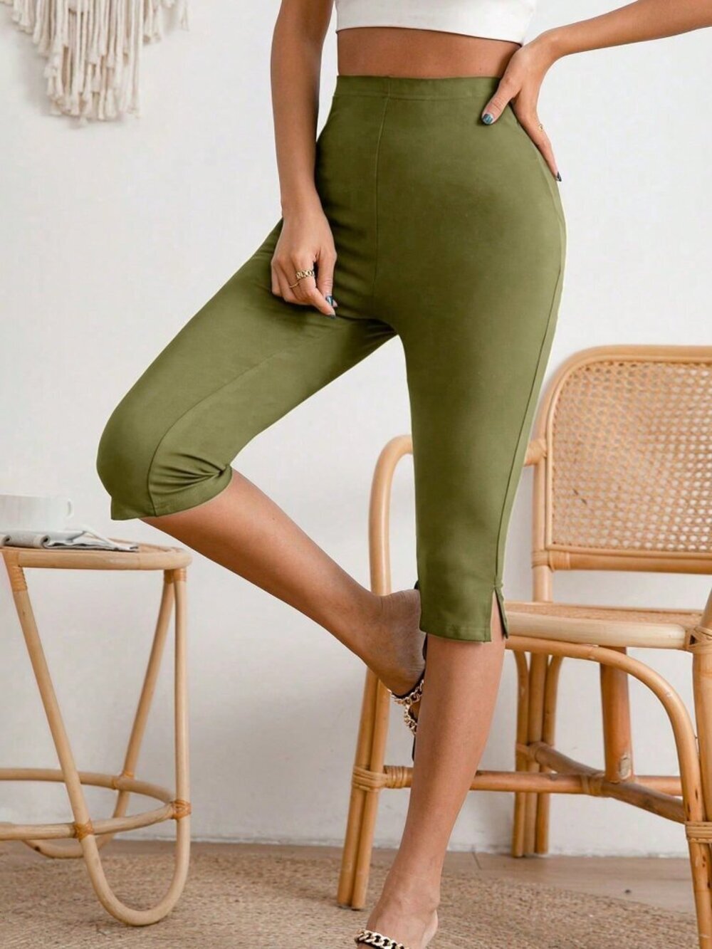 Olive Green Casual Women's High Waist Skinny Capri Leggings